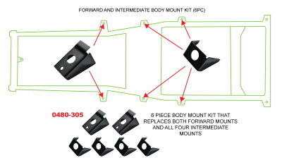 87-95 YJ WRANGLER 6 PIECE, WELD ON, FRAME SIDE BODY MOUNT KIT. KIT CONTAINS 2 FRONT AND 4 INTERMEDIATE MOUNTS - Image 2